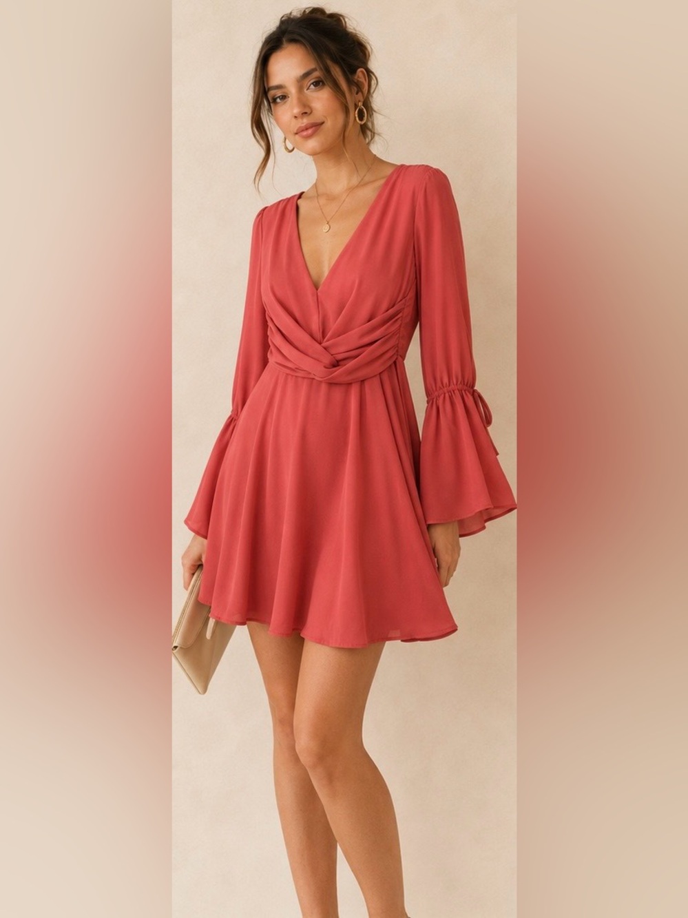 Mustard Seed Twist Front Bell Sleeve Mini Dress Womens Size S Red